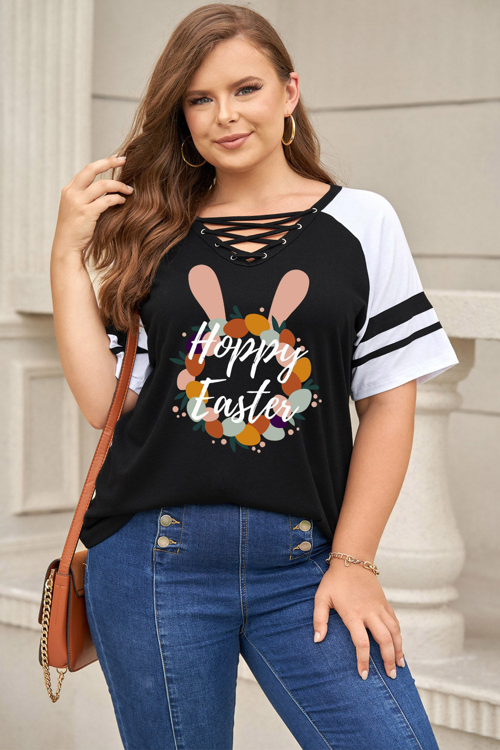 Plus Size HAPPY EASTER Graphic Crisscross V-Neck Tee