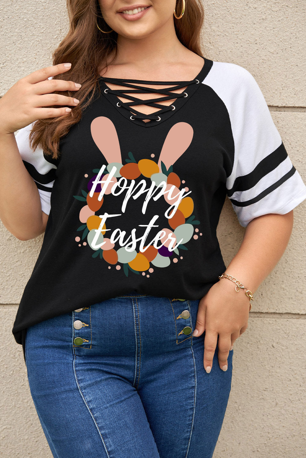 Plus Size HAPPY EASTER Graphic Crisscross V-Neck Tee