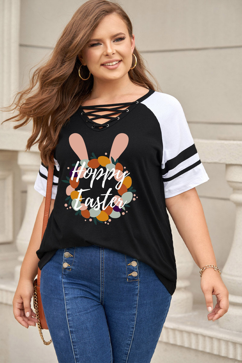 Plus Size HAPPY EASTER Graphic Crisscross V-Neck Tee