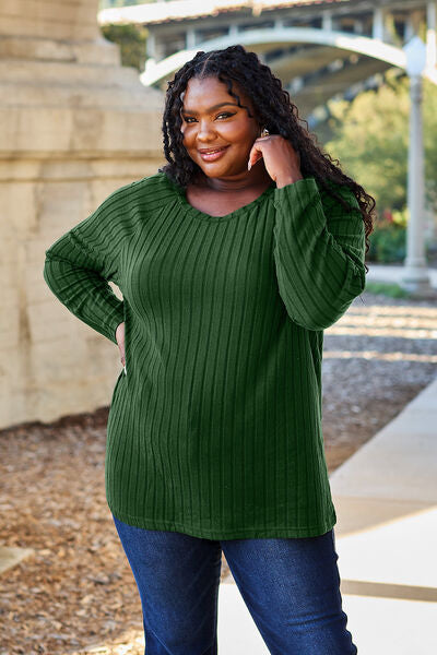 Basic Bae Full Size Ribbed Round Neck Long Sleeve Knit Top