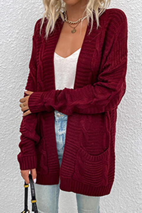 Cable-Knit Open Front Cardigan with Pockets