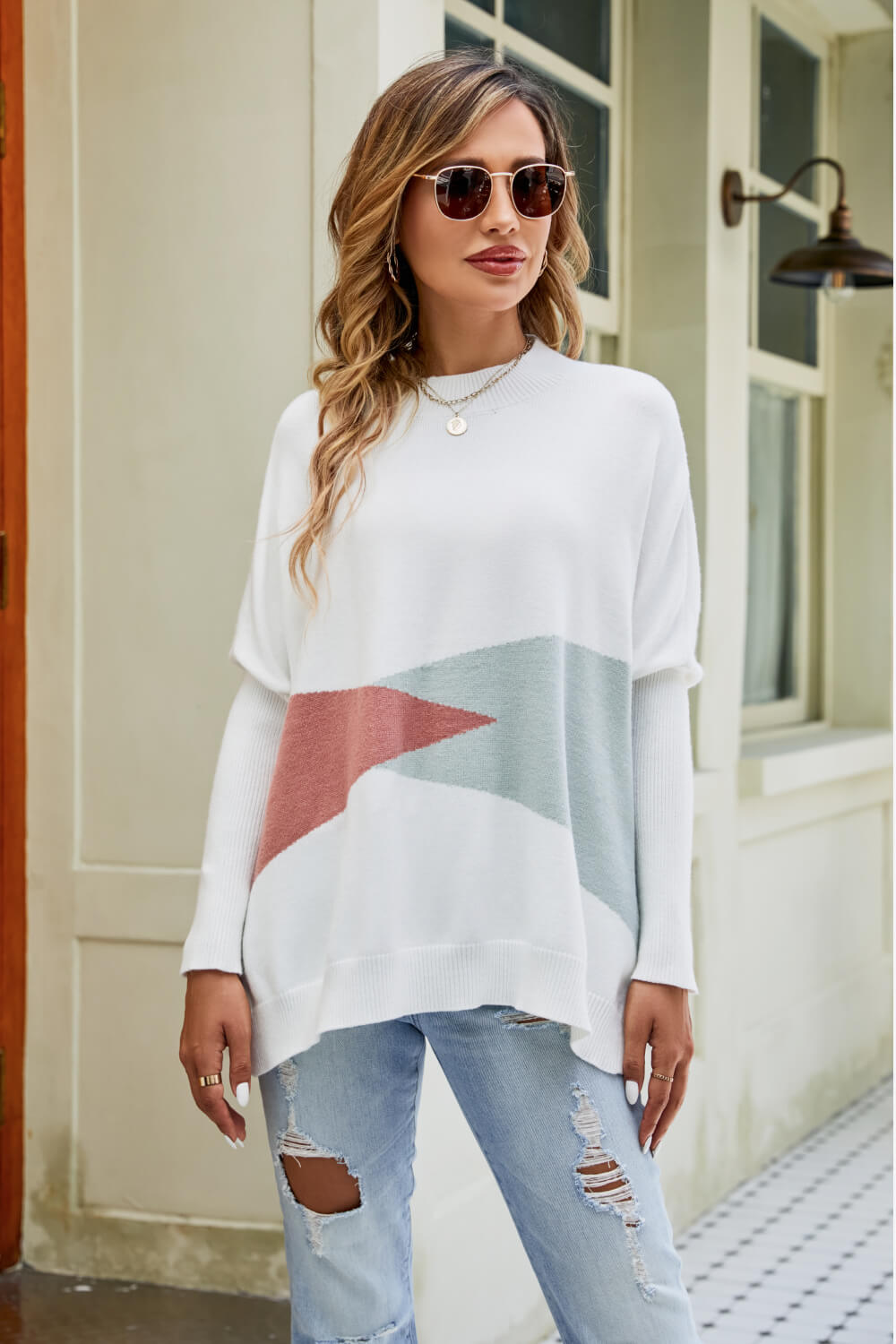 Color Block Round Neck Side Slit Sweater