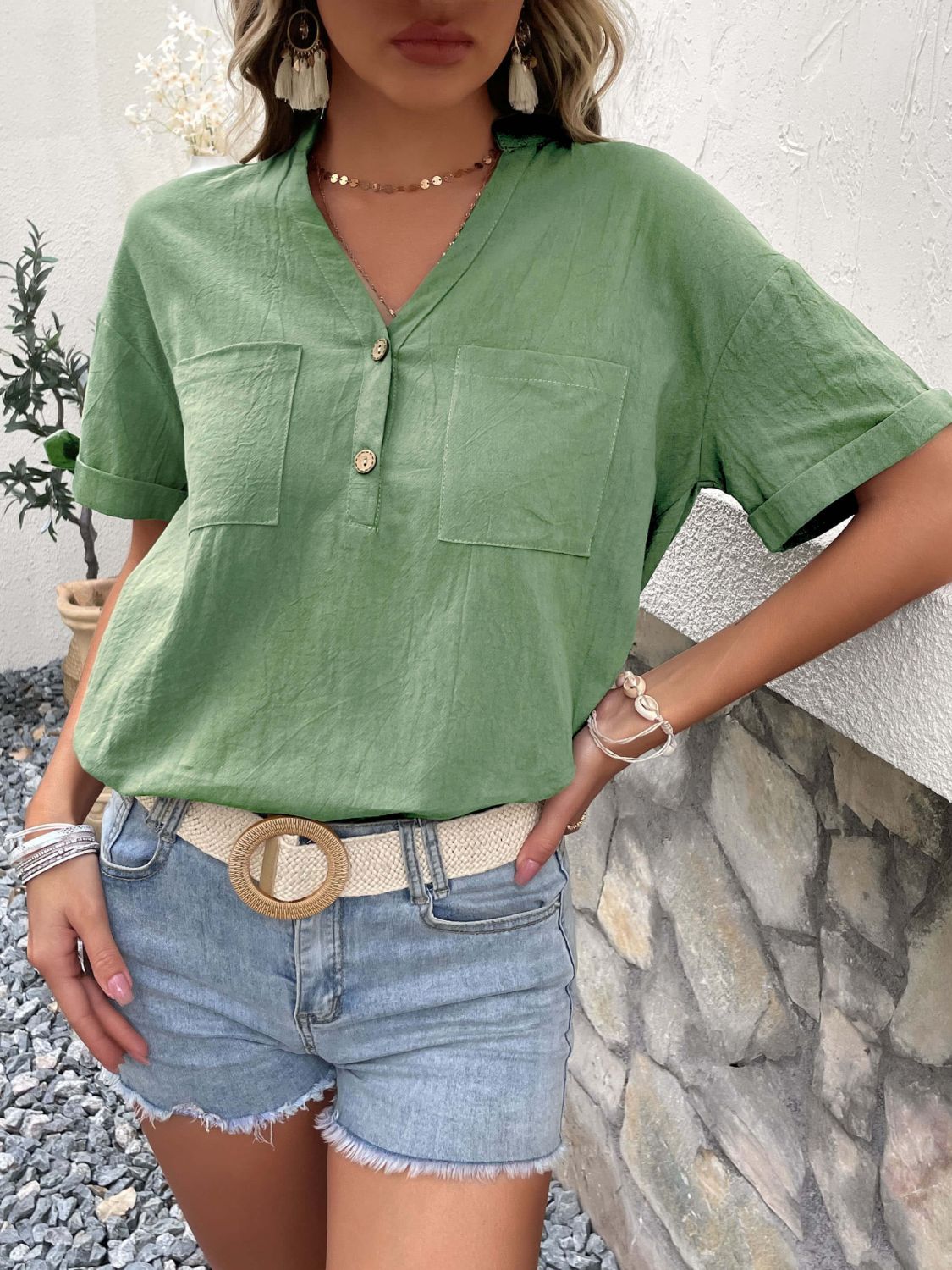 Buttoned Notched Neck Cuffed Sleeve Blouse