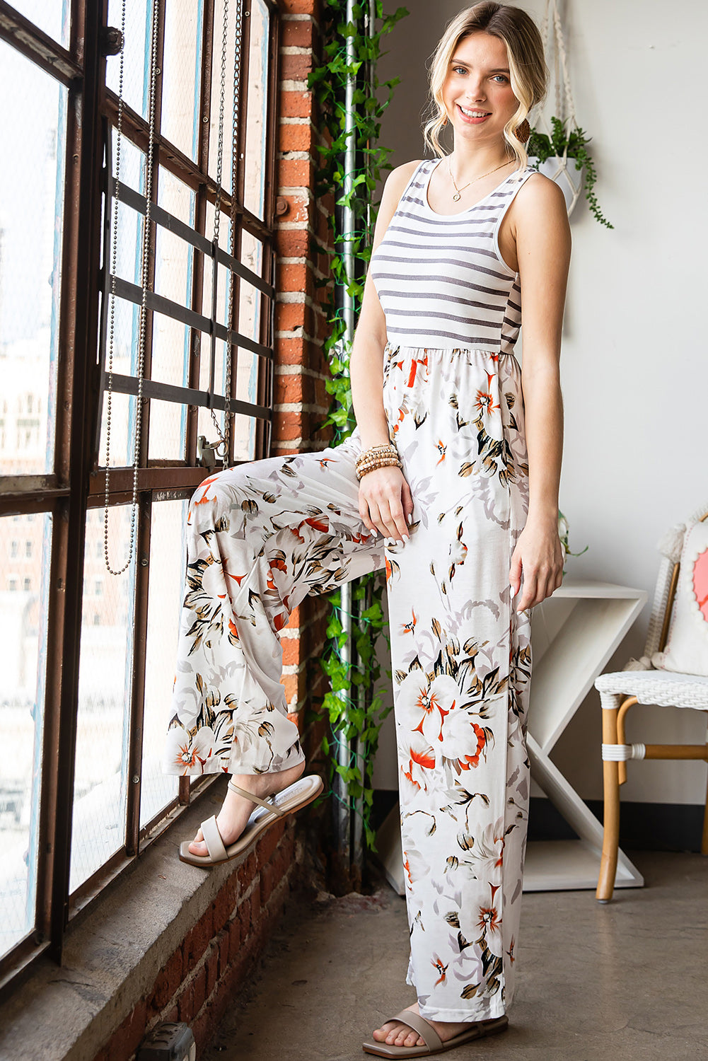 Striped Floral Sleeveless Wide Leg Jumpsuit with Pockets